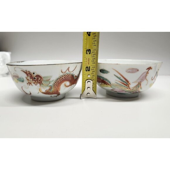 Handpainted Dragonware Vintage Porcelain Rice Bowls Gold Detail Dragon - Picture 10 of 13